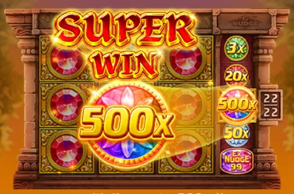 A colorful slot machine screen showing “Super Win” with a glowing “500x” multiplier and bonus icons on the side.