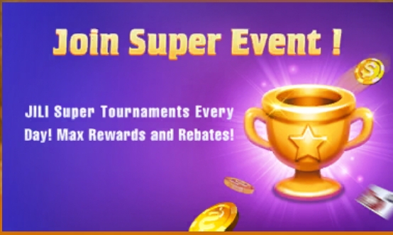 A promotional graphic with a golden trophy and the text “Join Super Event!” on a purple background.