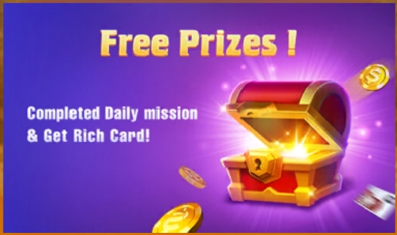 A bright promotional image showing a glowing treasure chest with coins and the text “Free Prizes!”
